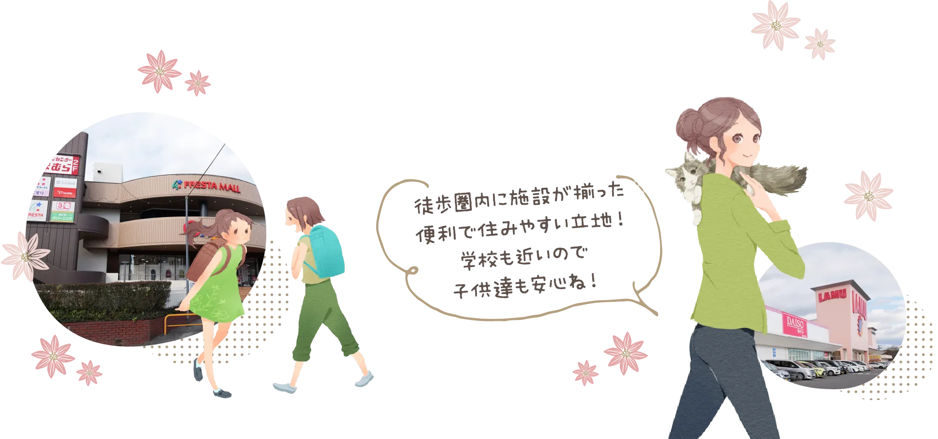 徒歩圏内に施設が揃った便利で住みやすい立地！学校も近いので子供達も安心ね！